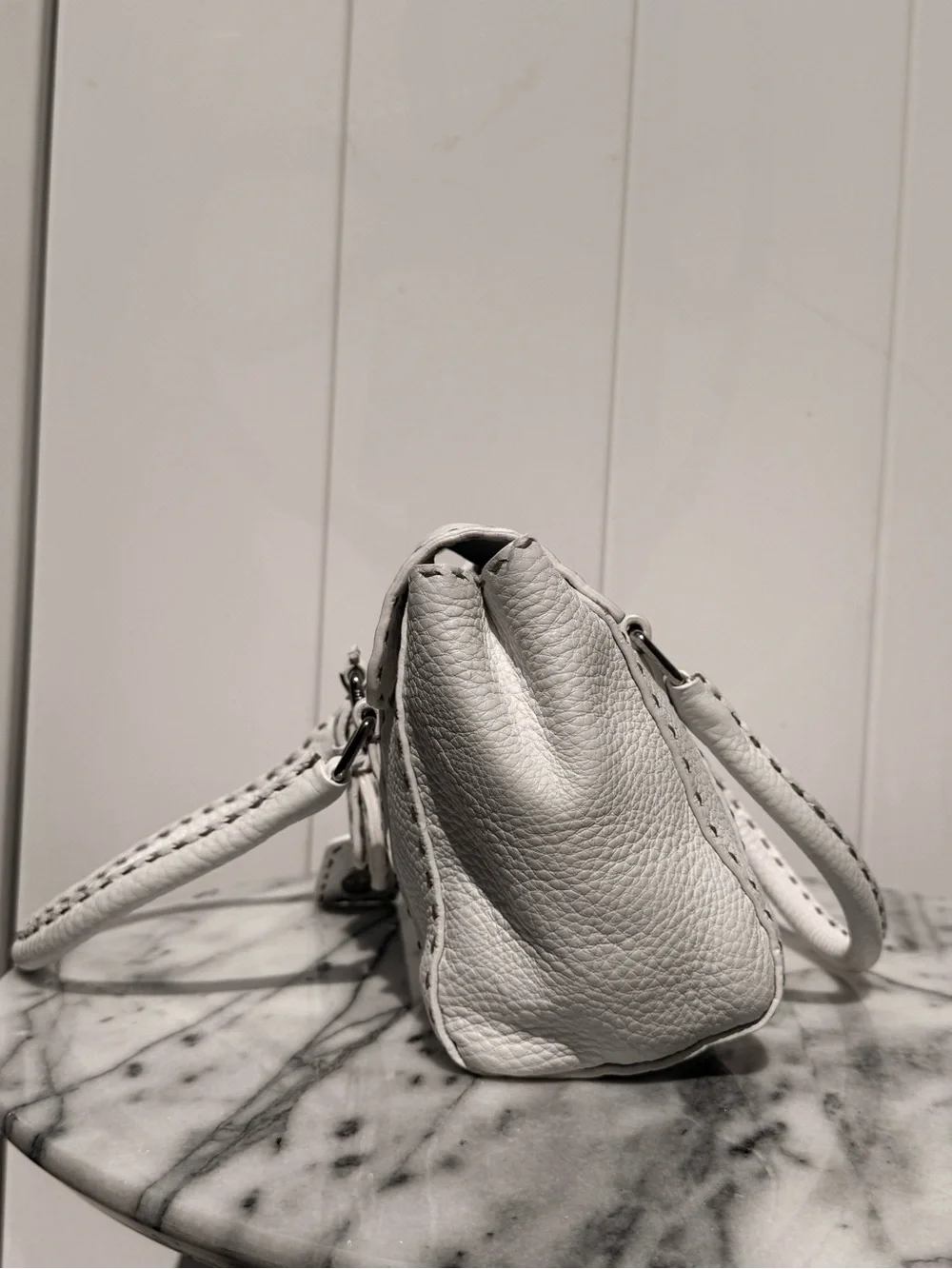 NWT Fendi ‘Selleria Linda’ White Calfskin Leather Bag with Tan Stitching